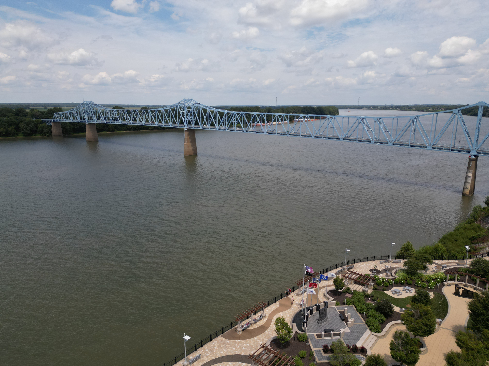 Aerial view of the Glover Cary Bridge over the Ohio River in Owensboro, Kentucky